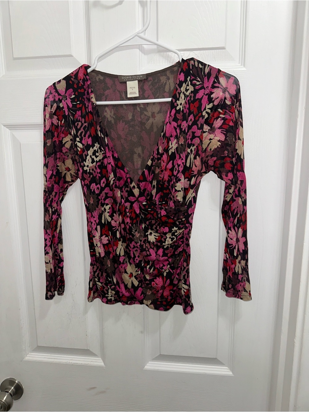 Sigrid Olsen 100% Silk Pink and Black Floral Wrap-Style Long Sleeve Top